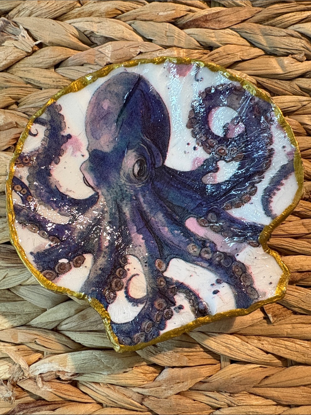 Hand Crafted Blue-Purple Octopus Shell Trinket Dish with Gold Edge
